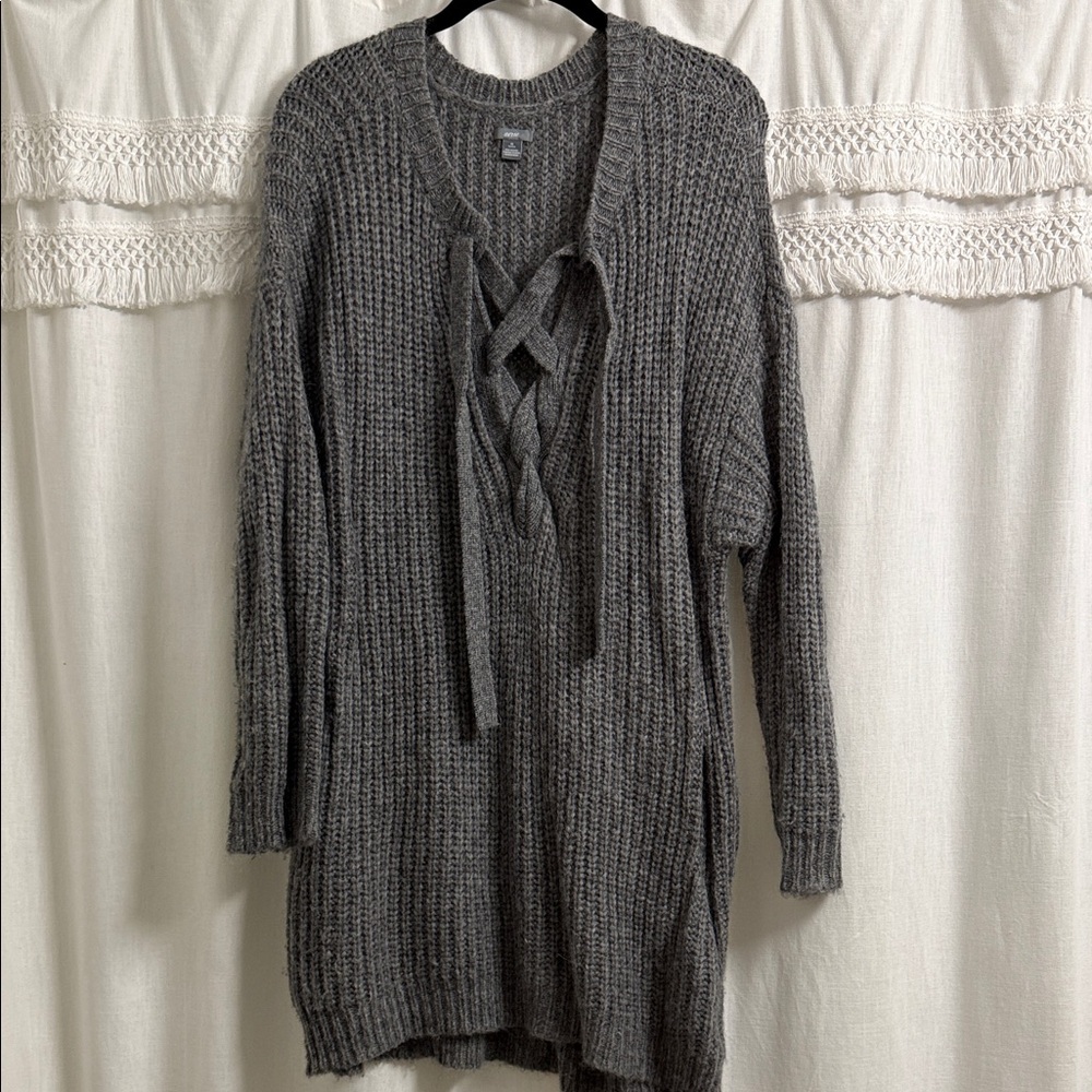 Aerie Charcoal V-Neck Sweater with Lace-Up Front